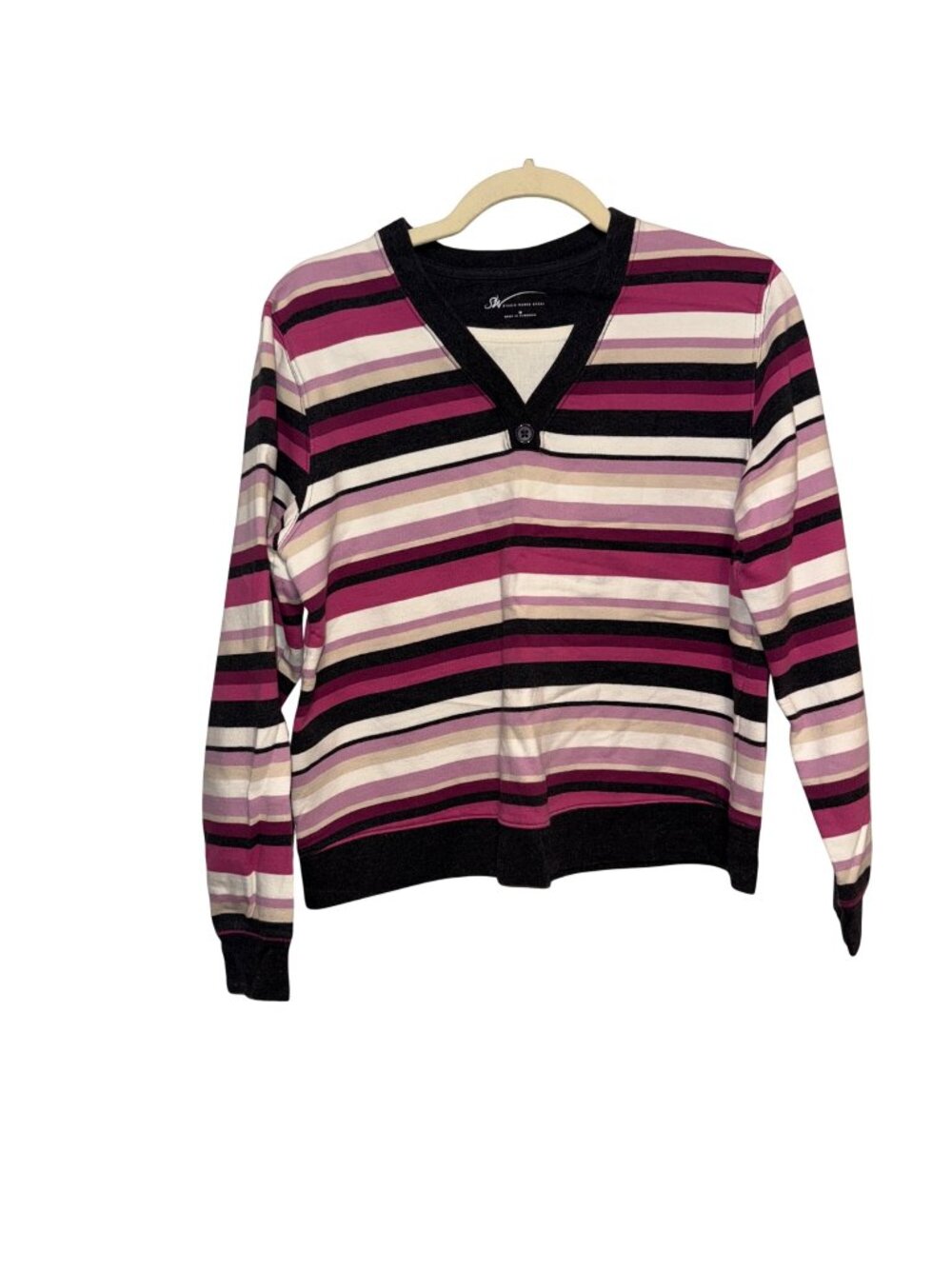 Studio Works Sport Striped V-Neck Pullover Sweater M Pink/Gray/White